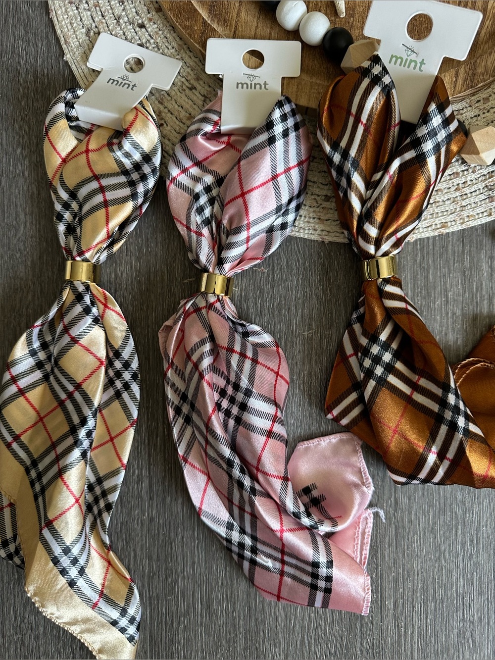 Mint Plaid Satin Scarf Set of 3 w/ Gold Tone Slider NWT Tan,Pink & Brown